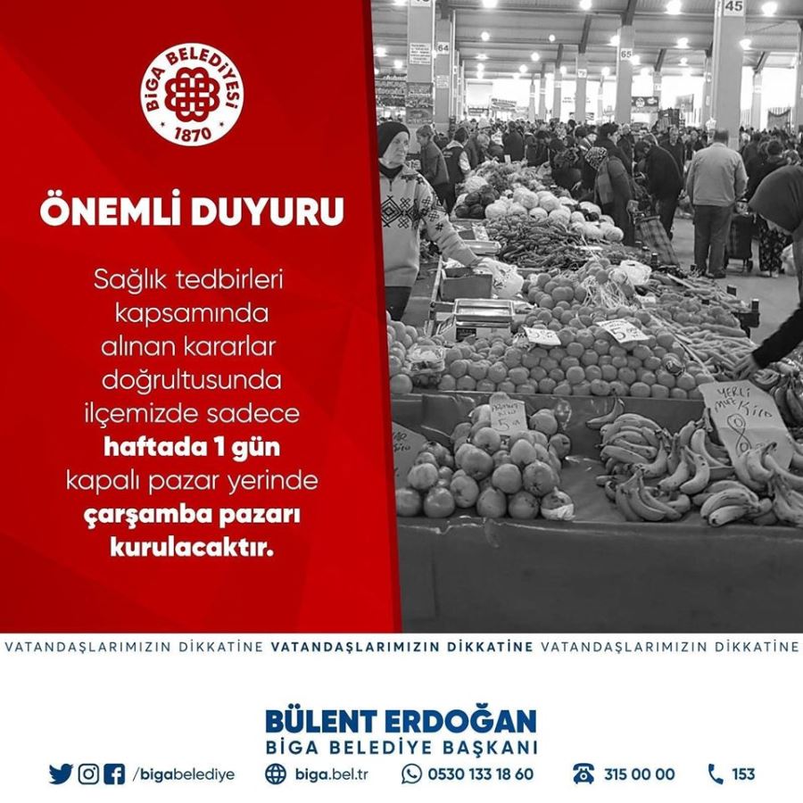 Biga’da Sadece Haftada Bir Gün Biga Kapalı Pazar Yerinde Çarşamba Pazarı Kurulacak